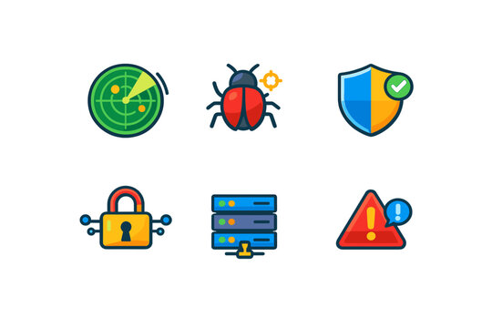 Cybersecurity icons: Radar, bug, shield, lock, server, warning