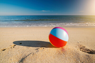 Bright multicolor beach ball on smooth sand with calm waves and a clear horizon, evoking leisure, travel, and tranquil summer days by the sea.