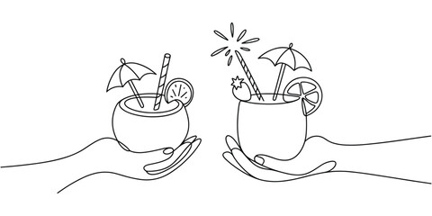 Two hands hold tropical drinks decorated with umbrellas and citrus slices for a festive summer vacation Illustration
