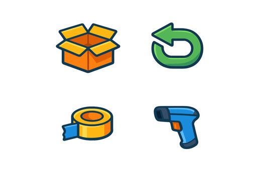 Set of four icons: open box, refresh arrow, tape roll, and scanner