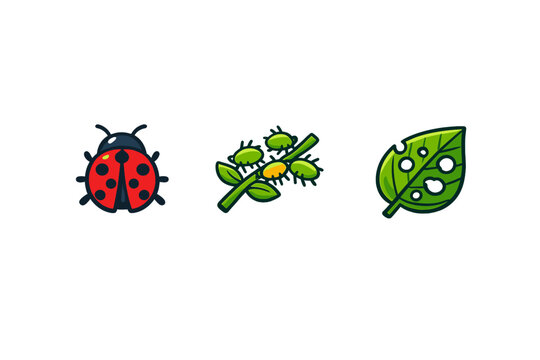 Ladybug, aphids on plant stem, and damaged leaf icons