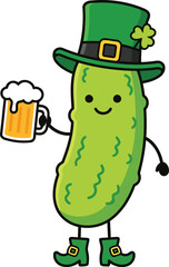 Funny Pickle Leprechaun Character with Beer Vector Illustration for St Patrick&rsquo;s Day.