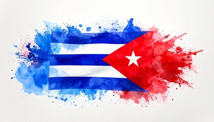 Artistic watercolor splash of Cuban flag with blue-white stripes, red triangle, white star.