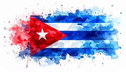 Artistic watercolor splash of Cuban flag with blue-white stripes, red triangle, white star.