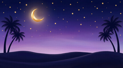 A serene Ramadan night sky with a crescent moon shining brightly over a silhouette of desert landscape with palm trees under a starry night sky during Eid celebrations