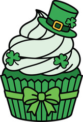 St Patrick&rsquo;s Day Cupcake with Leprechaun Hat and Clover Vector Illustration.