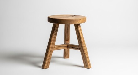 Simple, rustic wooden stool with three legs, isolated against white backdrop