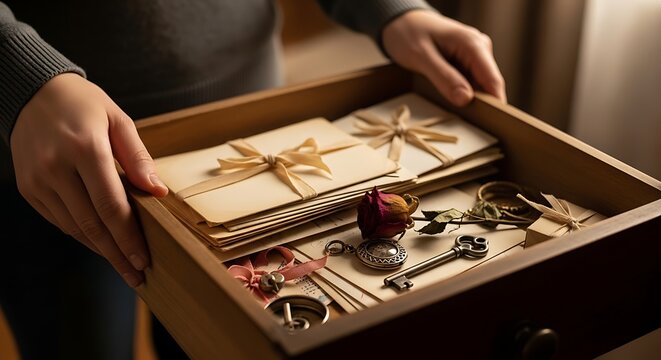 Sentimental keepsakes and cherished memories stored in a wooden drawer with keys and old letters tied with ribbon
