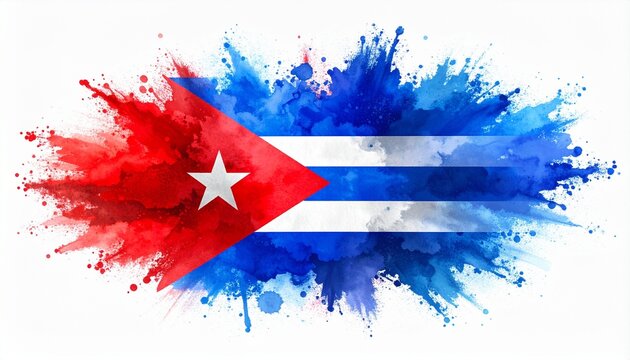 Artistic watercolor splash of Cuban flag with blue-white stripes, red triangle, white star.