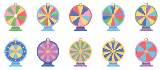 Colorful fortune wheels collection with prize segments, game spin elements for lottery reward and decision concepts, bright circular wheels for gaming apps, promotional events, quizzes, giveaways © Vector Gallery