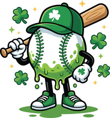 Baseball Character with Clover Theme Vector Illustration for St Patrick&rsquo;s Day.