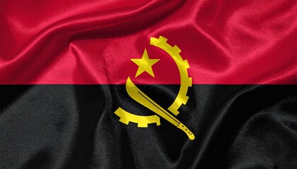 Angola national flag with red and black bands, yellow emblem of gear, machete, and star.