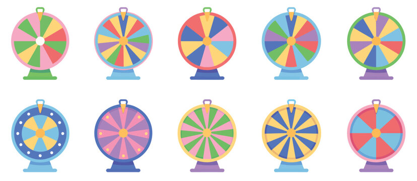 Colorful fortune wheels collection with prize segments, game spin elements for lottery reward and decision concepts, bright circular wheels for gaming apps, promotional events, quizzes, giveaways