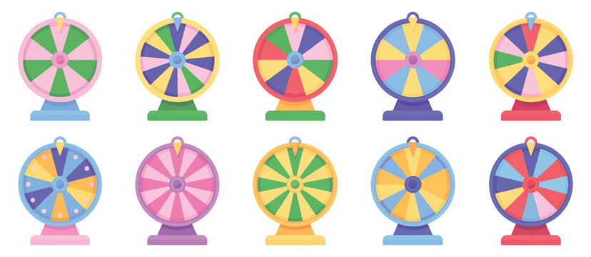 Colorful fortune wheels collection with prize segments, game spin elements for lottery reward and decision making, vibrant wheel of fortune vector illustrations