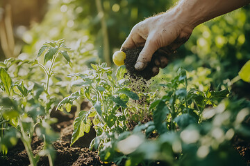 Gardener Fertilizing Young Tomato Plants in Vegetable Garden, Organic Tomato Growing with Fertilizer Application in Garden Soil