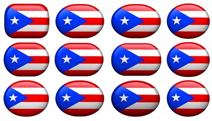 Glossy 3D grid of twelve oval Puerto Rican flag icons, button-style layout, clean background.