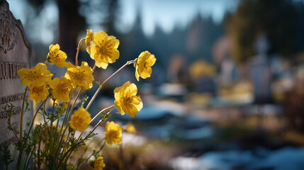 Obraz premium Yellow flowers thriving beside old gravestone, springtime sunlight highlighting engraved letters and petals, blurred trees and tombstones in background, peaceful and contemplative
