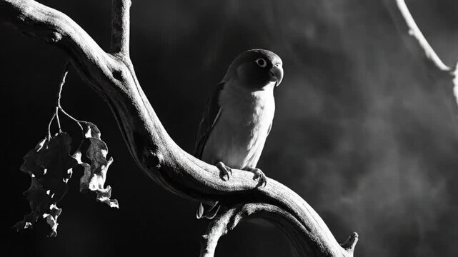 Black and white portrait of a lovebird perched on a tree branch with wispy, atmospheric elements in the background.