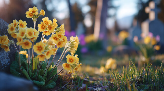 Yellow flowers growing in clusters next to gravestone, sunlight casting soft shadows on fresh green grass, background of spring trees and blurred gravestones, intimate and calm cem