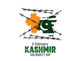Commemorative digital art for 5 February showing a divided map of Kashmir trapped behind sharp metallic barbed wire.