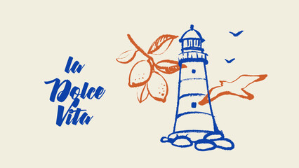 Italy Mediterranean coastal vacation banner. Hand drawn sketch sea poster. Dolce vita summer vibe. Vintage summer vector illustration © pim