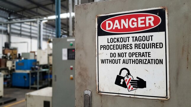 Industrial safety warning lockout tagout procedures required at manufacturing facility informative signage workshop environment close-up viewpoint