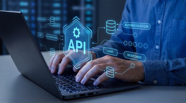 Businessman working on laptop with api and database icons in a modern office setting with dark background