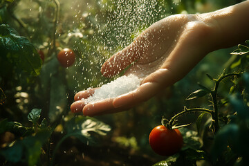 Gardener Fertilizing Young Tomato Plants in Vegetable Garden, Organic Tomato Growing with Fertilizer Application in Garden Soil