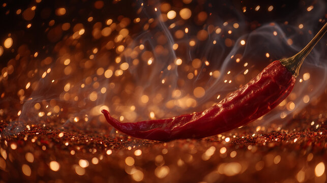 Single chili pepper hovering amid swirling spice clouds, dust illuminated from behind creating glowing halo, glossy red textures, cinematic visual metaphor of heat, flavor, and cul