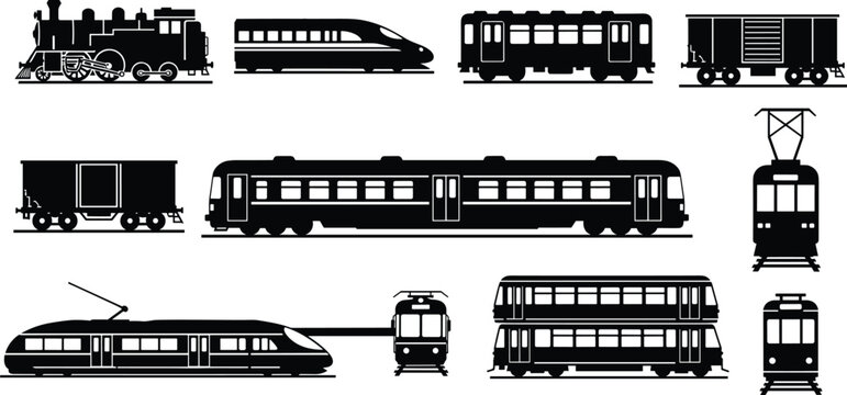 Train and tram silhouette icon set, rail vehicle types, steam locomotive, subway car, light rail, vector illustration, black pictogram, transport graphic