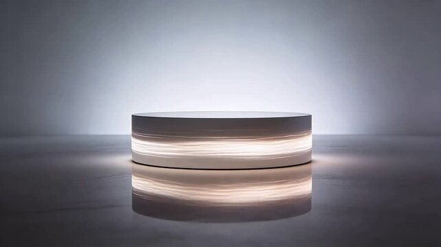 Cylindrical glowing object with soft texture on reflective floor