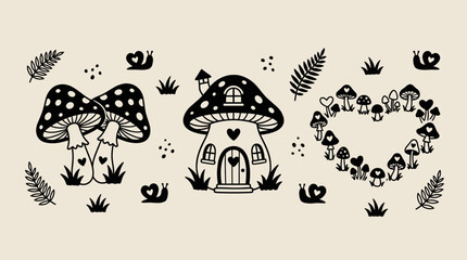 Naklejka premium Whimsical mushroom house and forest elements vector illustration