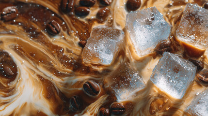 Close-up macro shot of iced coffee, full-frame view from above, ice cubes and coffee patterns creating dynamic textures, condensation on glass catching light, cinematic refreshment