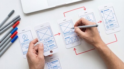 Hands drawing wireframes on paper with markers and laptop nearby