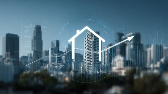 Investment Success Concept with Hologram House and Financial Growth Trends in Modern Cityscape - Powered by Adobe