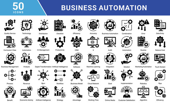 Business automation icon collection set. Containing process, digital transformation, industry 4.0, productivity, technology, business, integration icon. Simple flat  vector illustration.