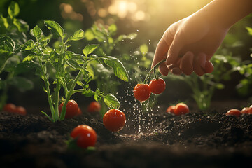 Gardener Fertilizing Young Tomato Plants in Vegetable Garden, Organic Tomato Growing with Fertilizer Application in Garden Soil