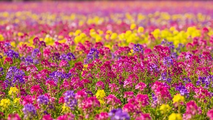 Fototapeta premium Vibrant colorful flower field with pink purple and yellow blooms on a sunny day for mother's day with colorful flowers and Mother s Day and spring flowers