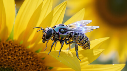 Futuristic Concept: Mechanical Robotic Bee Pollinating Yellow Sunflower Macro Shot