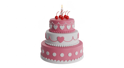 Pink and white birthday cake with candle hearts isolated on a transparent background