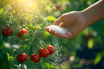 Gardener Fertilizing Young Tomato Plants in Vegetable Garden, Organic Tomato Growing with Fertilizer Application in Garden Soil