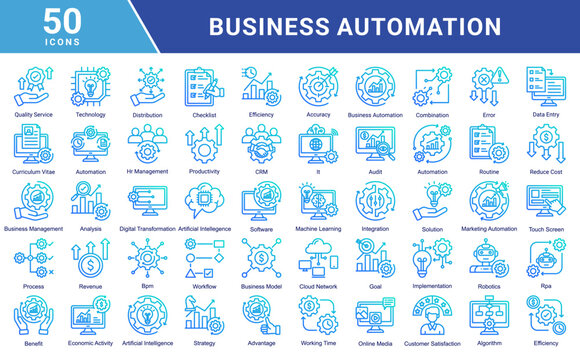 Business automation icon collection set. Containing process, digital transformation, industry 4.0, productivity, technology, business, integration icon. Simple flat  vector illustration.