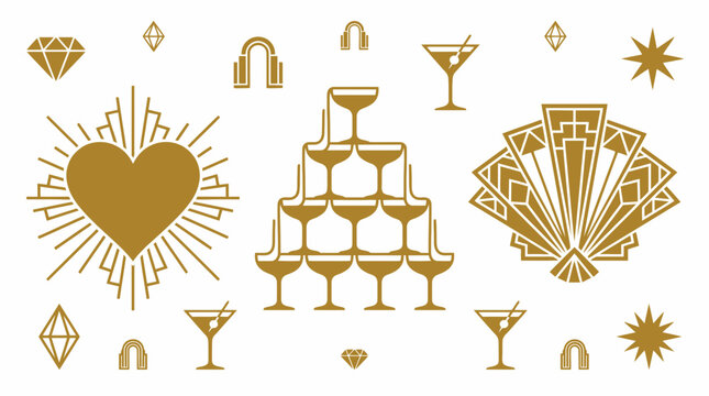 Art Deco party icon set for celebration vector illustration