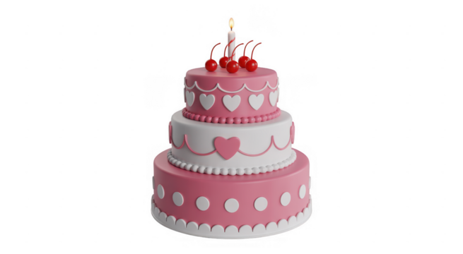 Pink and white birthday cake with candle hearts isolated on a transparent background - Powered by Adobe
