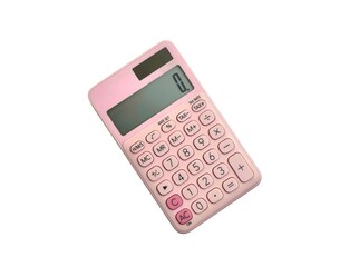 Top view of a minimal pastel pink calculator, isolated on white background.