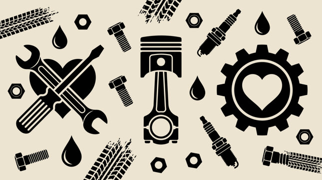 Car repair tools and engine parts icons vector illustration