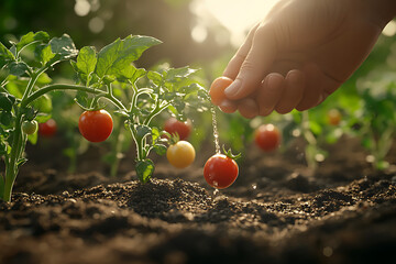 Gardener Fertilizing Young Tomato Plants in Vegetable Garden, Organic Tomato Growing with Fertilizer Application in Garden Soil