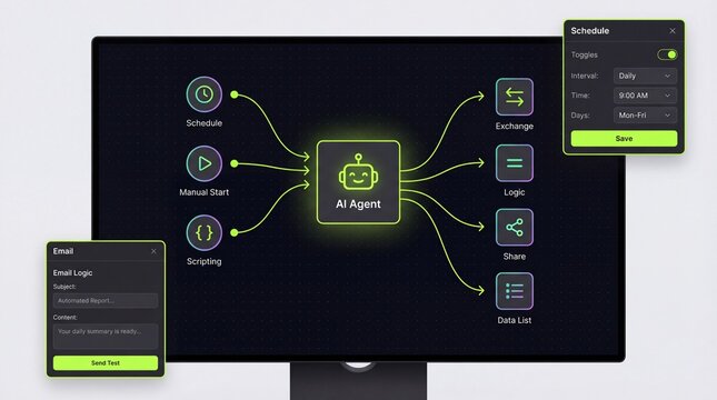 A computer monitor displaying a digital network diagram with connected devices and screens on a black background