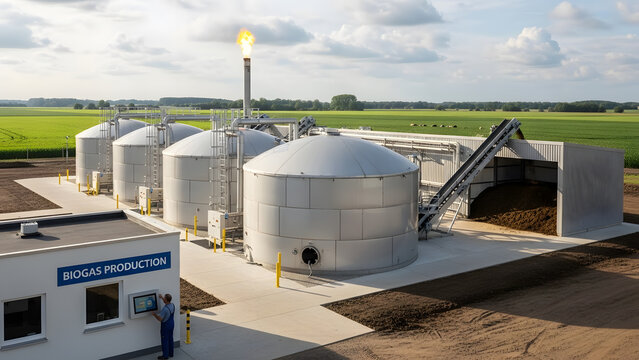 Modern biogas production plant facility with industrial storage tanks flare stack and conveyor belts located next to green agricultural fields