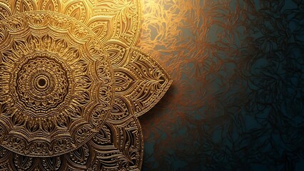 A glistening golden mandala pattern against a dark, textured teal background